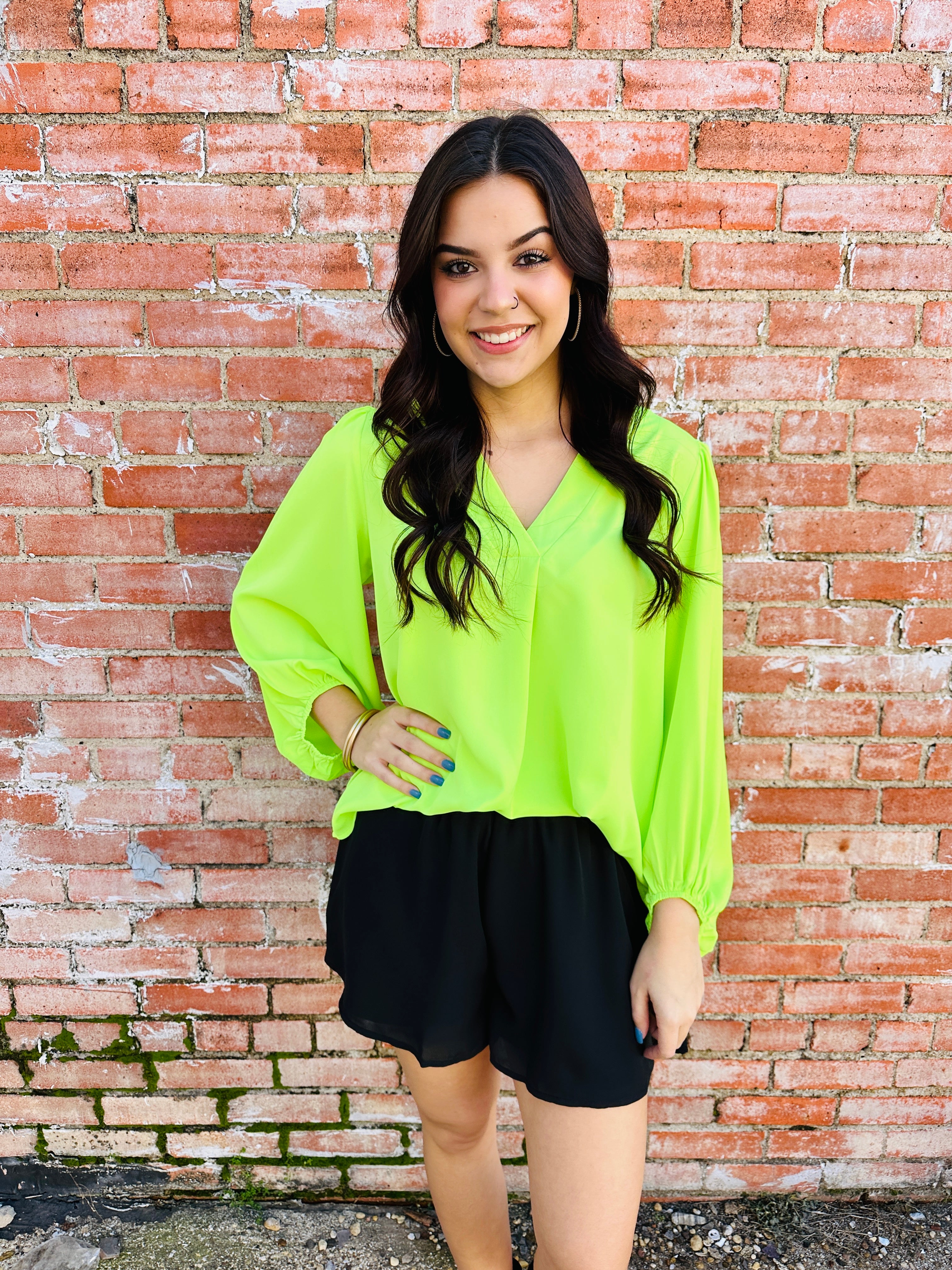 Jamie Balloon Sleeve Top  Neon Yellow