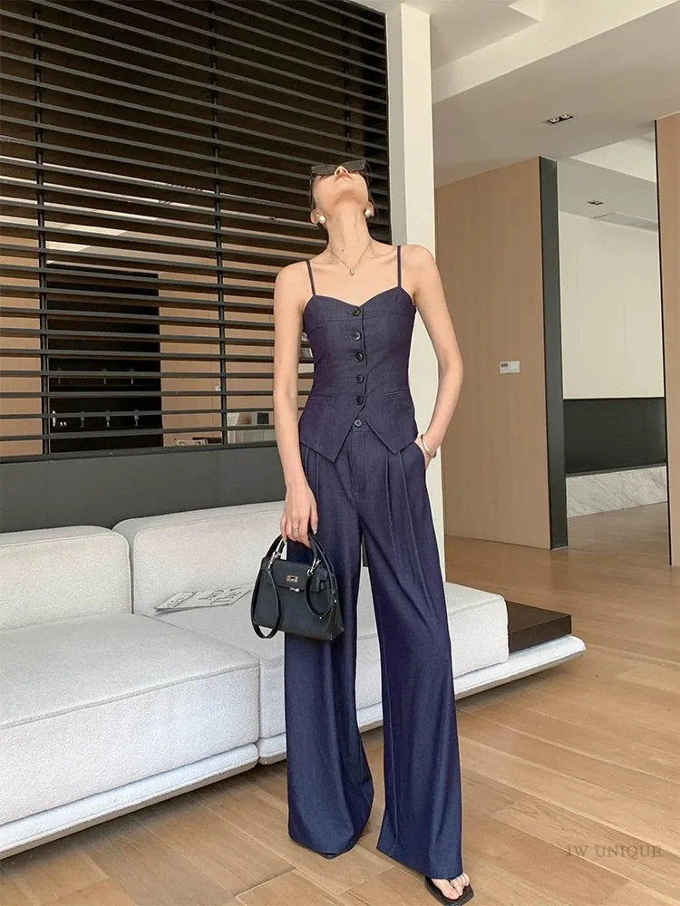 JWUNIQUE dark blue fashion suit women's 2024 summer new suspender top wide-leg trousers two-piece set