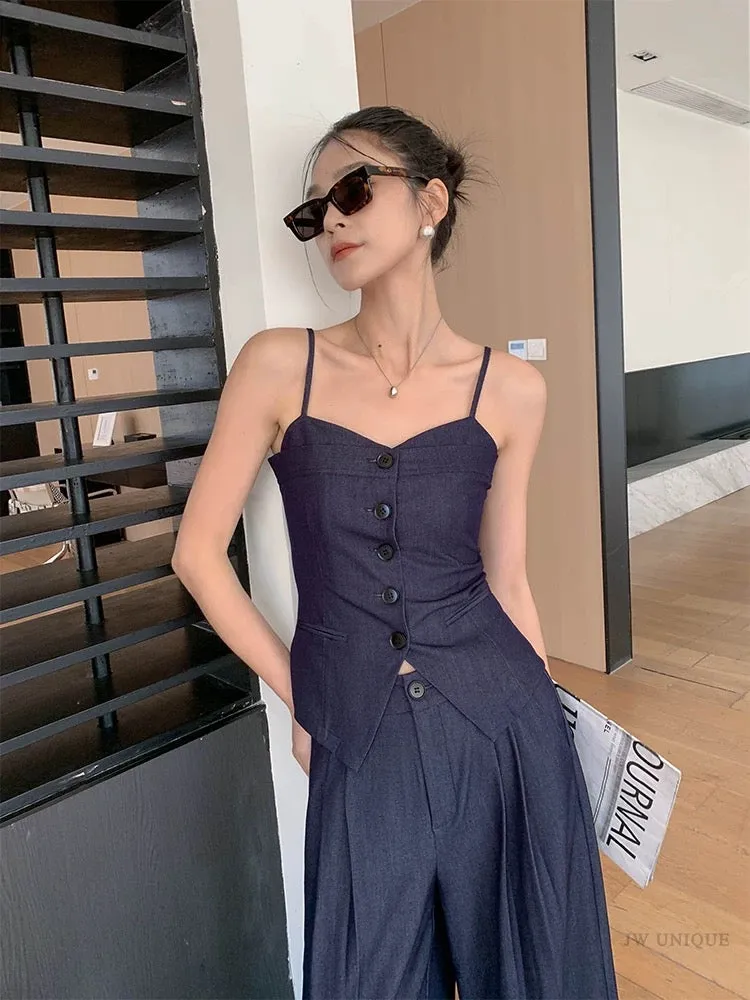 JWUNIQUE dark blue fashion suit women's 2024 summer new suspender top wide-leg trousers two-piece set