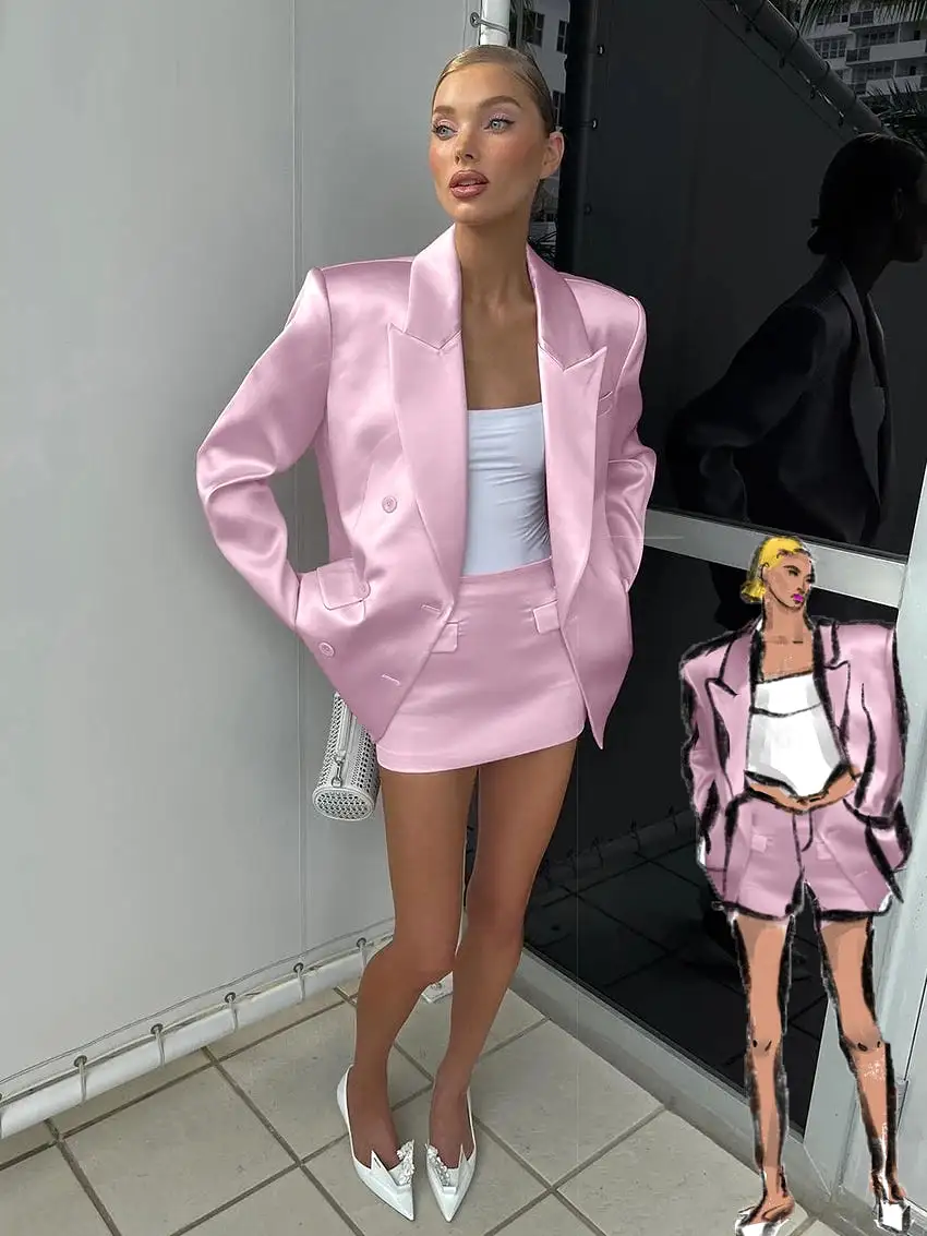 Loose Pink Satin 2 Piece Sets Women Outfit 2024 Elegant Long Sleeve Blazer With Mid Waist Mini Skirts Set Female