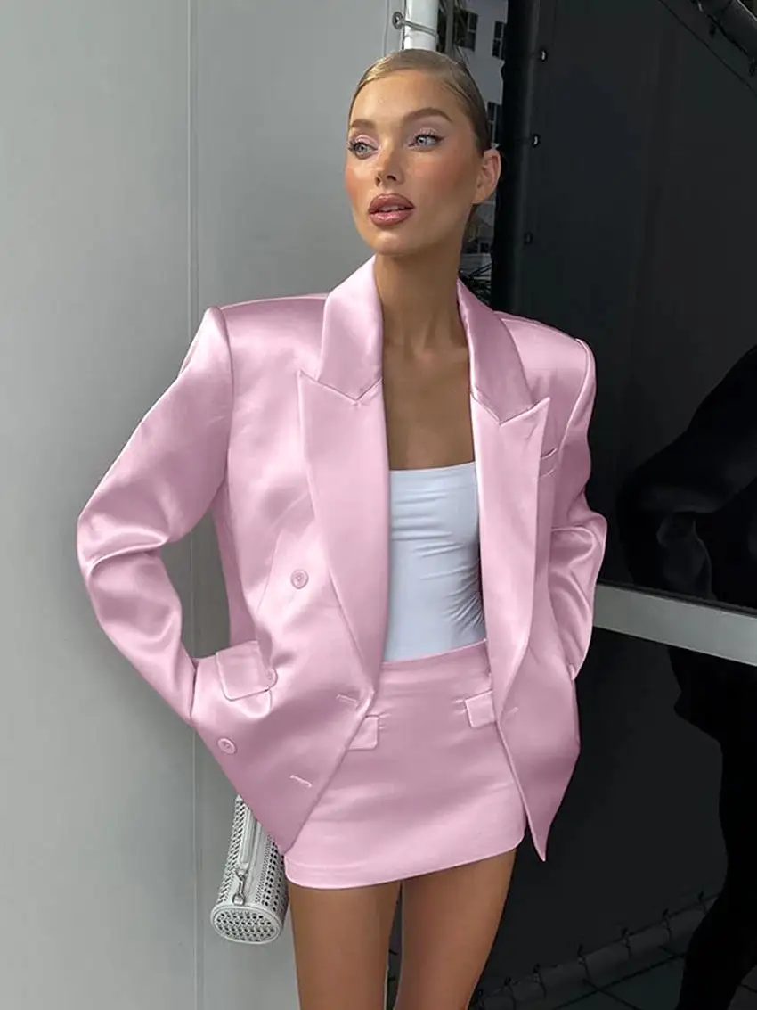 Loose Pink Satin 2 Piece Sets Women Outfit 2024 Elegant Long Sleeve Blazer With Mid Waist Mini Skirts Set Female