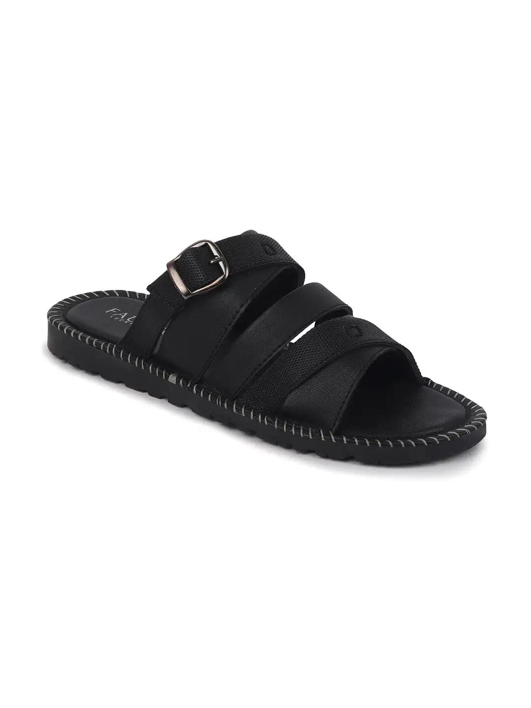 Men Black Slip On TPR Sole Side Stitch Outdoor & Indoor Slippers