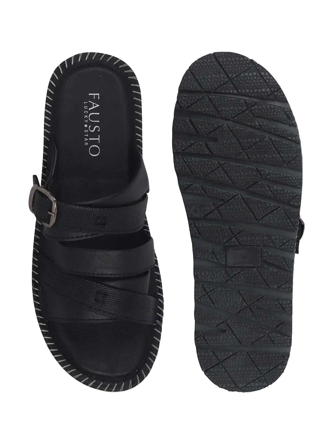 Men Black Slip On TPR Sole Side Stitch Outdoor & Indoor Slippers