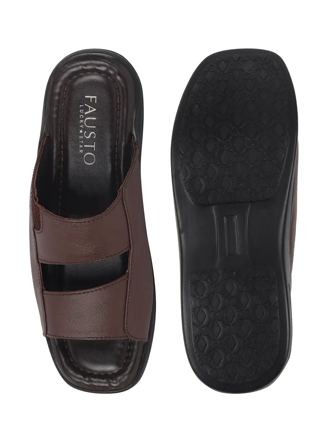 Men Brown Leather Outdoor Lightweight Cushioned Slip On Slippers