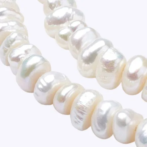 Pearl Beads, Natural, Freshwater, Cultured, Flat Round, White, 3-3.5x6-6.5x5.5-6mm