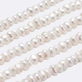 Pearl Beads, Natural, Freshwater, Cultured, Flat Round, White, 3-3.5x6-6.5x5.5-6mm