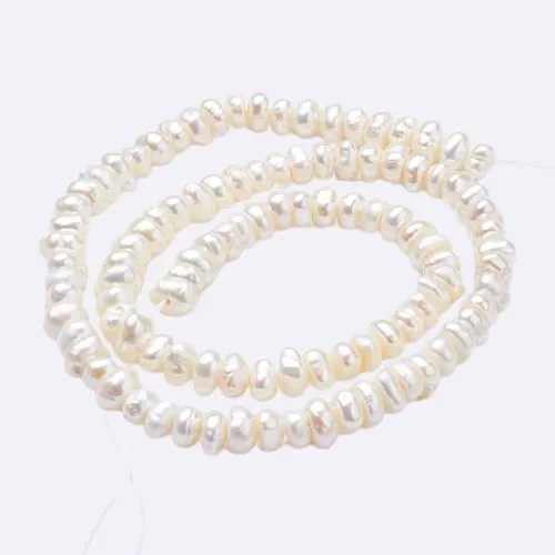 Pearl Beads, Natural, Freshwater, Cultured, Flat Round, White, 3-3.5x6-6.5x5.5-6mm