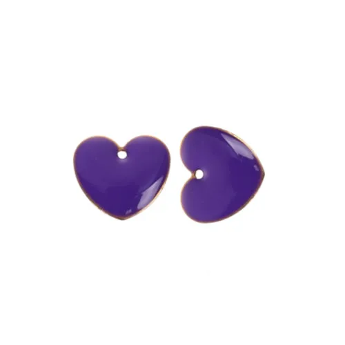 Pendants, Heart, Flat, Double-Sided, Purple, Enameled, Brass, Drops, 16mm