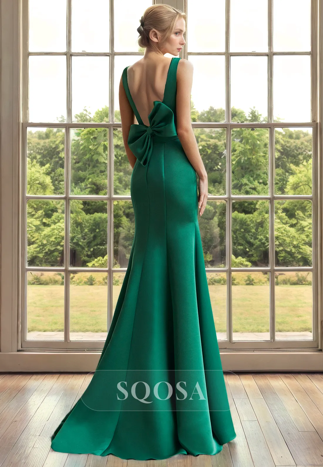 Plunging V Neck Green Satin Mermaid Mother of the Bride Dress for Wedding Long Cocktail Dress