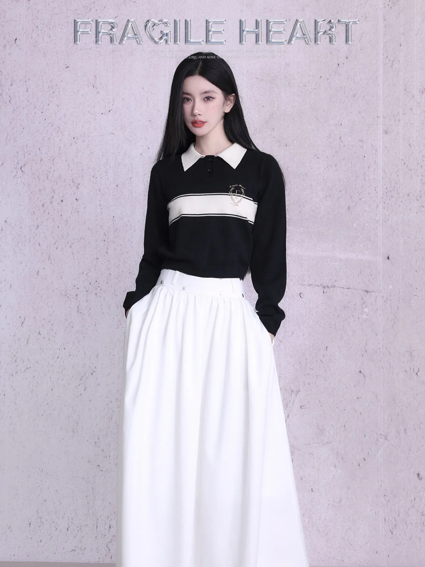 Polo-Neck Retro Monotone Knit&Long-Skirt