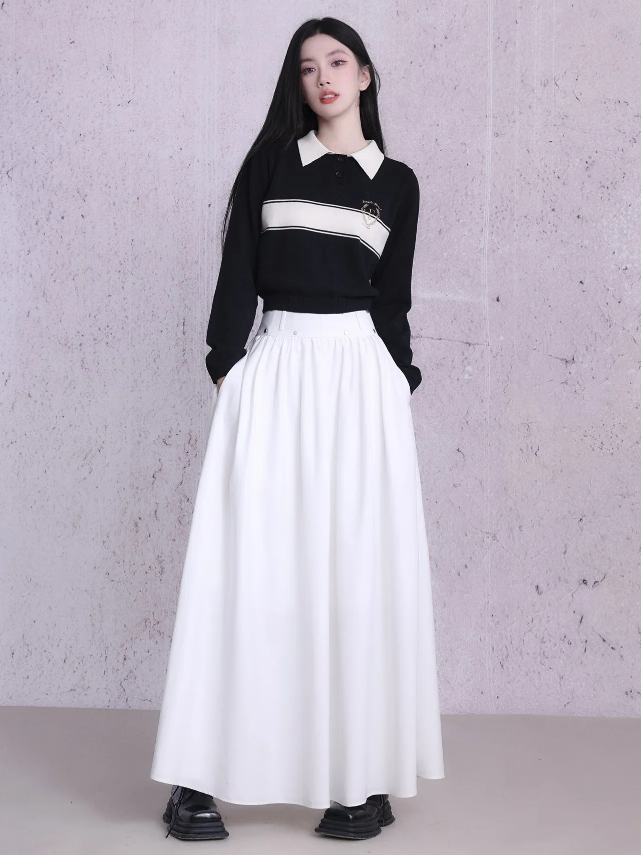 Polo-Neck Retro Monotone Knit&Long-Skirt