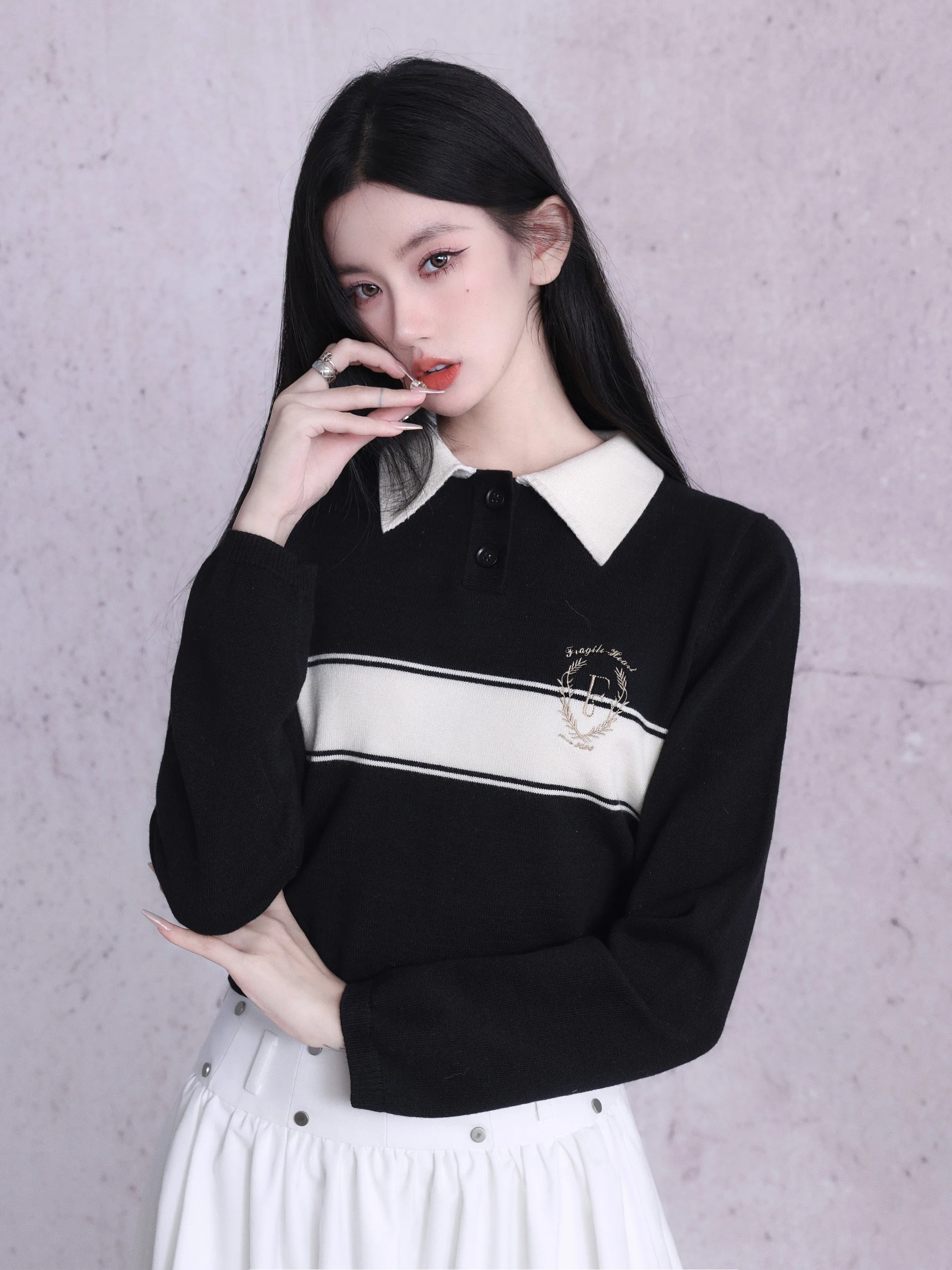 Polo-Neck Retro Monotone Knit&Long-Skirt