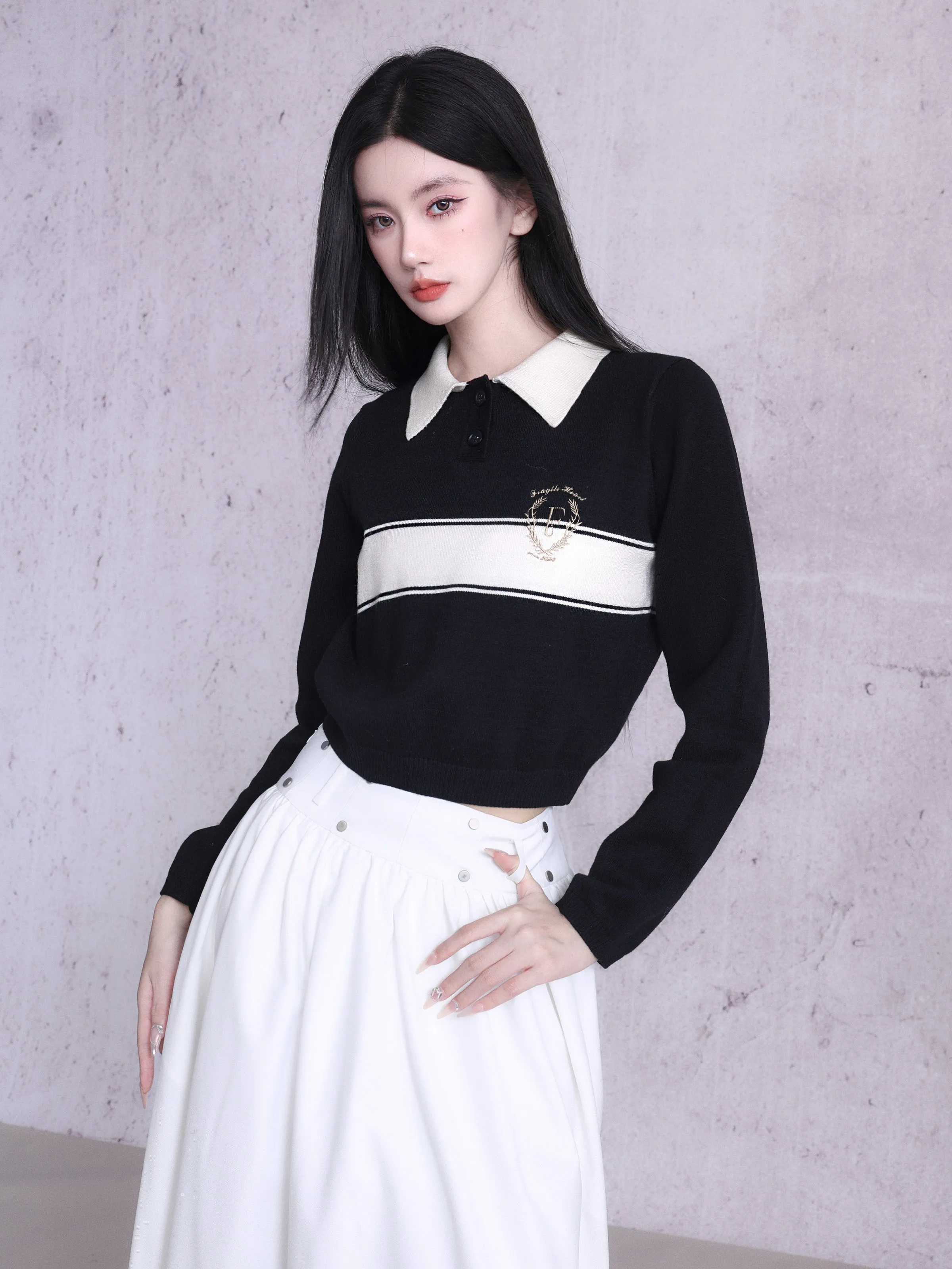 Polo-Neck Retro Monotone Knit&Long-Skirt