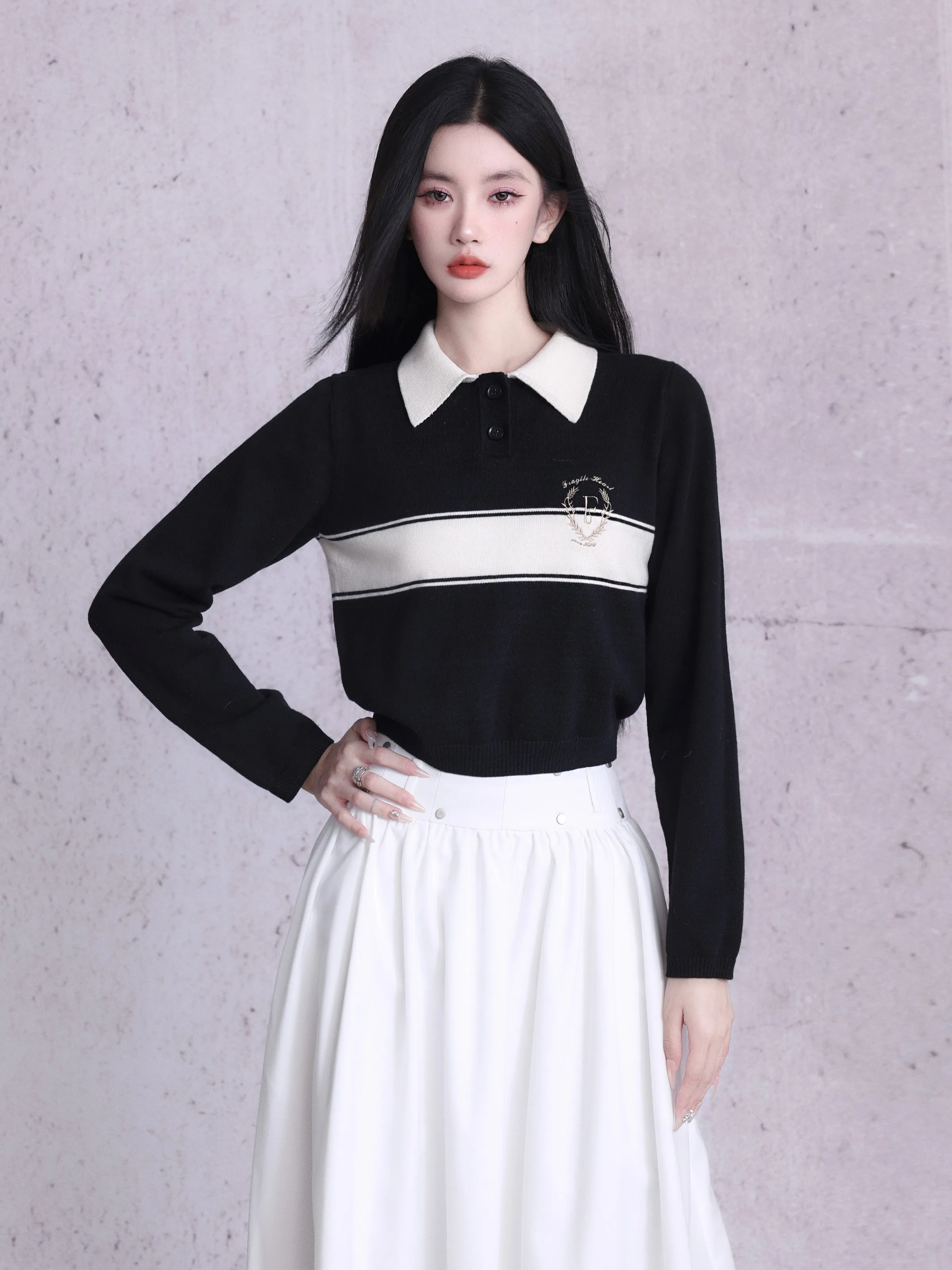 Polo-Neck Retro Monotone Knit&Long-Skirt