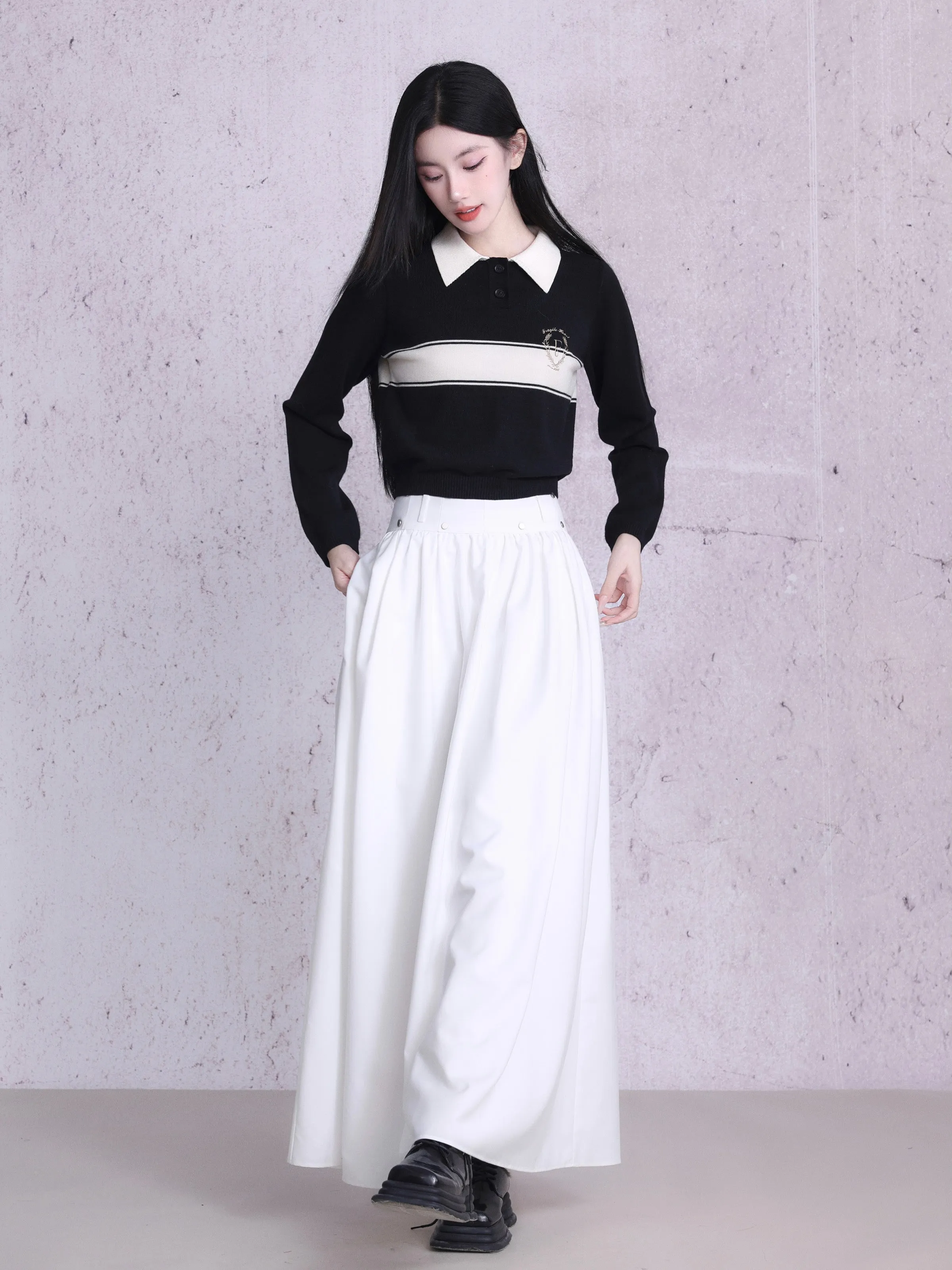 Polo-Neck Retro Monotone Knit&Long-Skirt