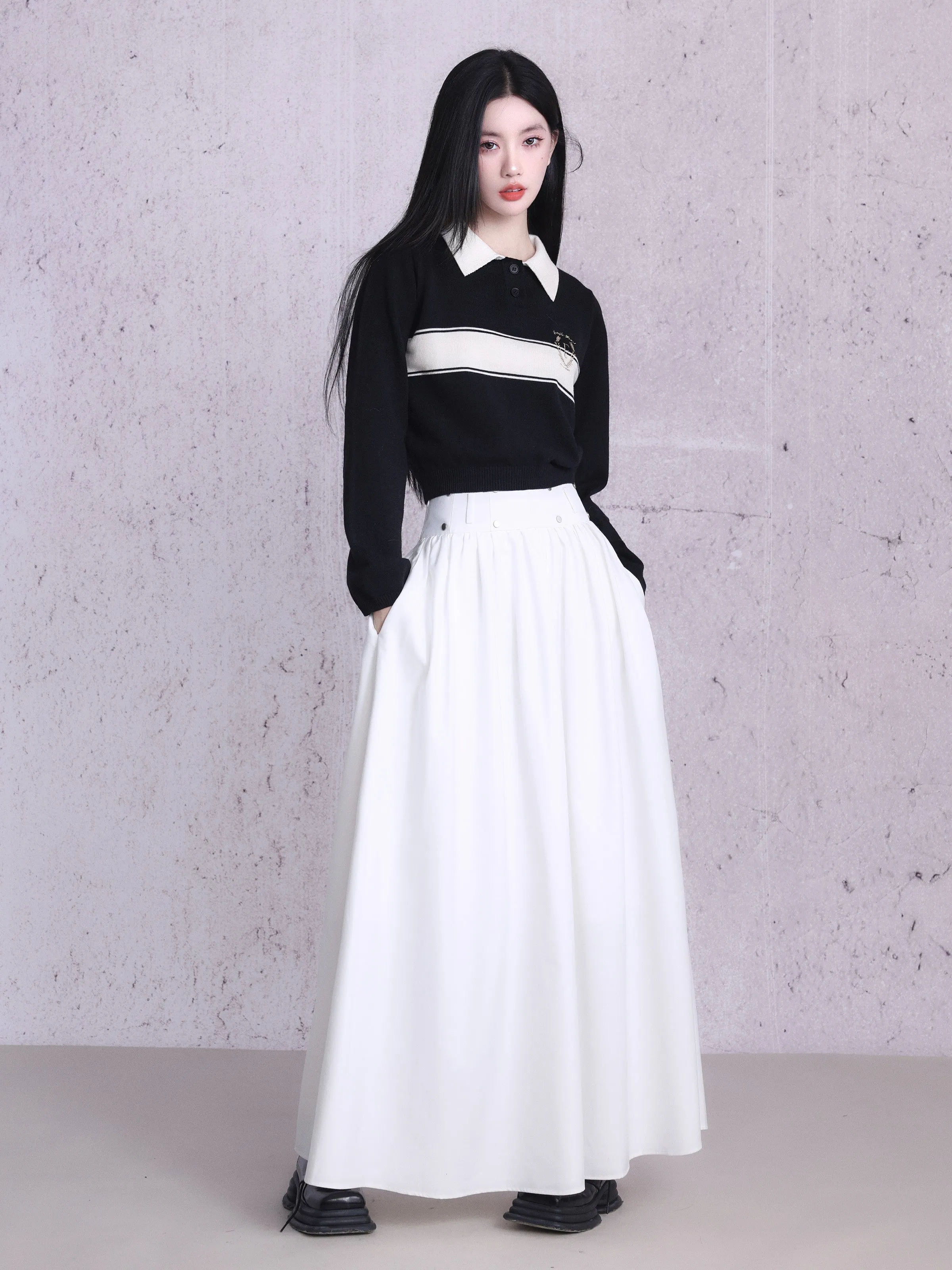 Polo-Neck Retro Monotone Knit&Long-Skirt