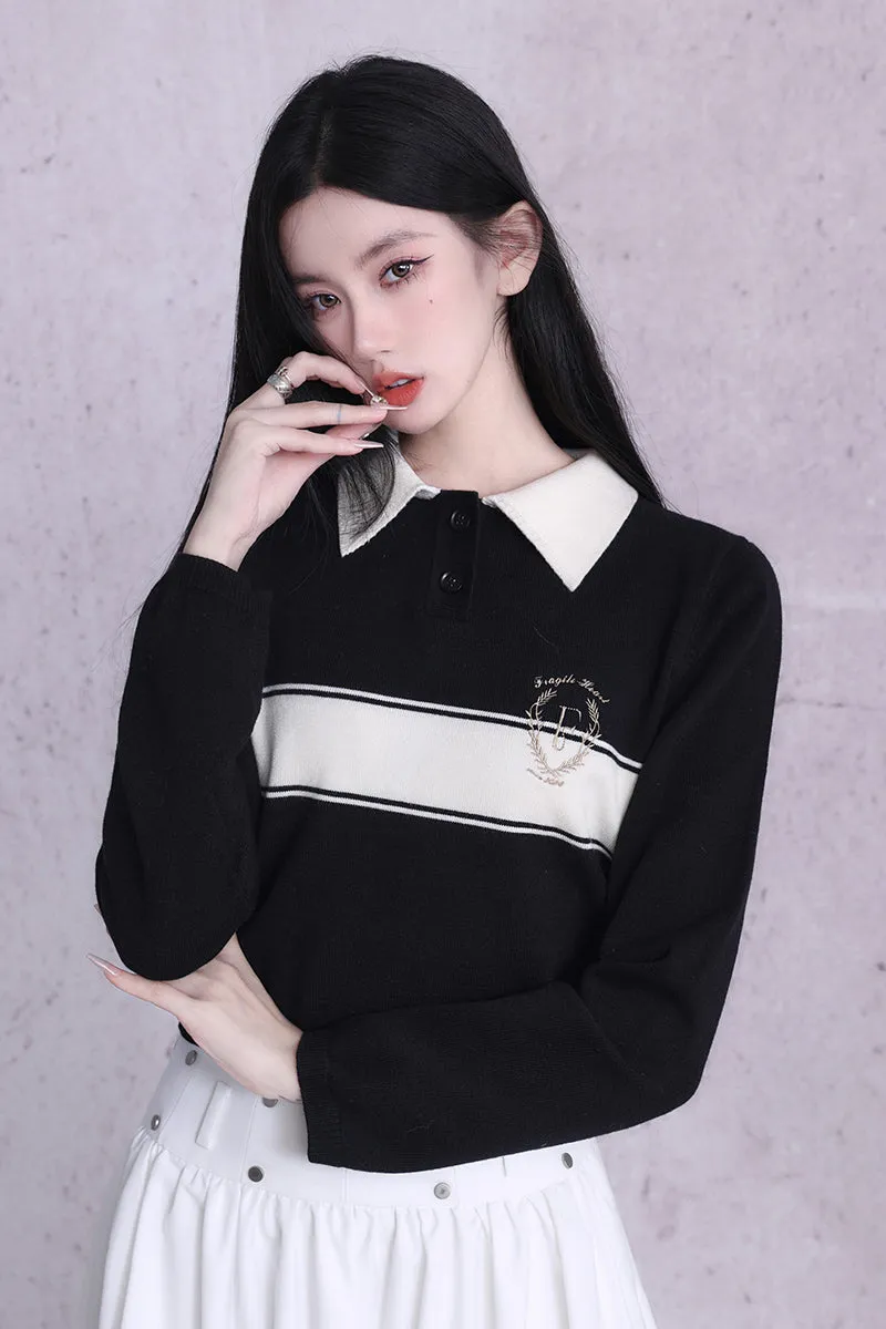 Polo-Neck Retro Monotone Knit&Long-Skirt