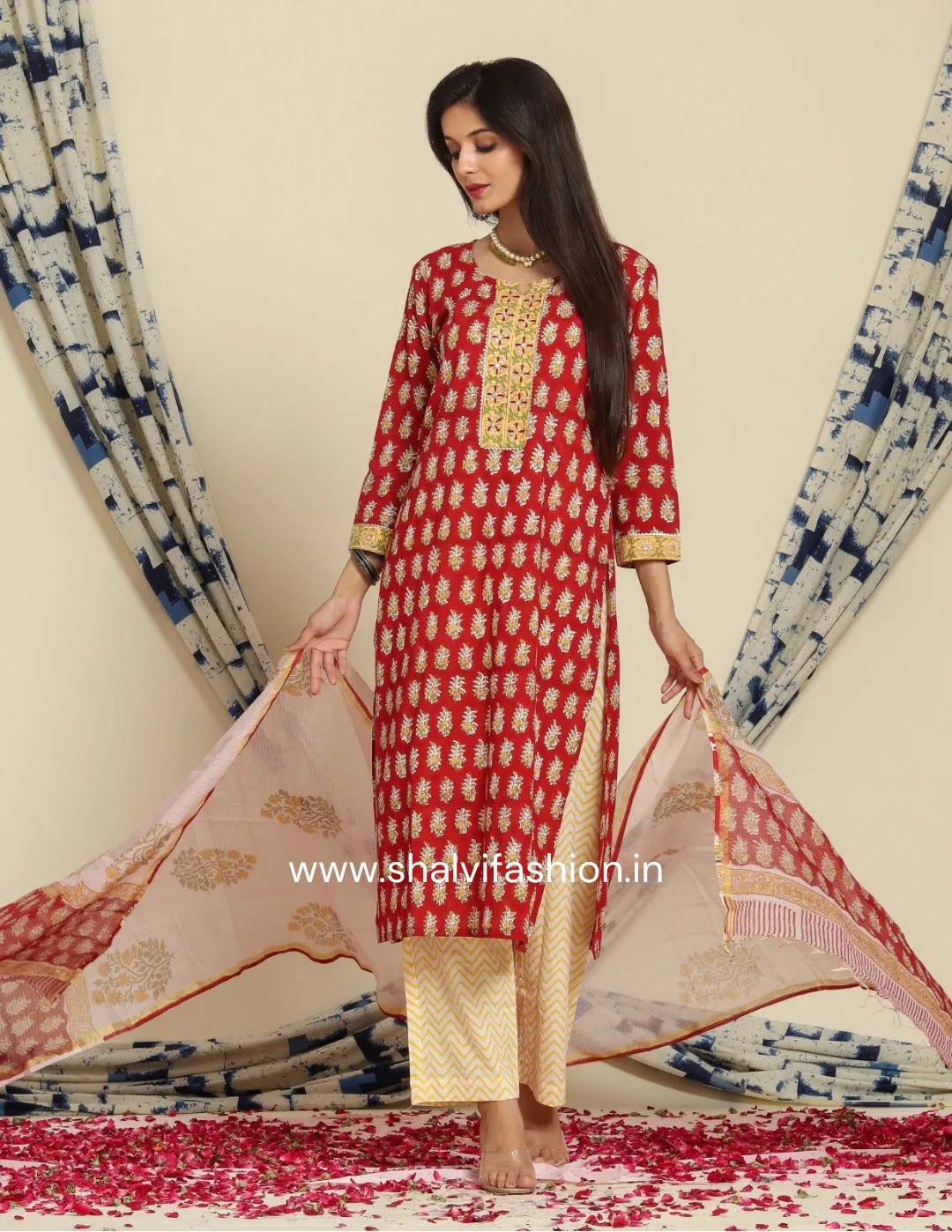 Red Buti Pure Cotton Suit Set with Kota Doria Dupatta (CSS71KD)