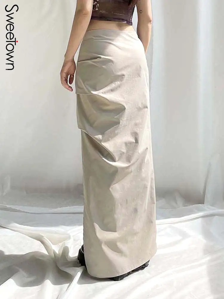 Ruched Low Waist Y2K Long Skirt For Women Split Solid Fairycore Grunge Ankle-Length Cargo Skirts Preppy Holiday Outfits