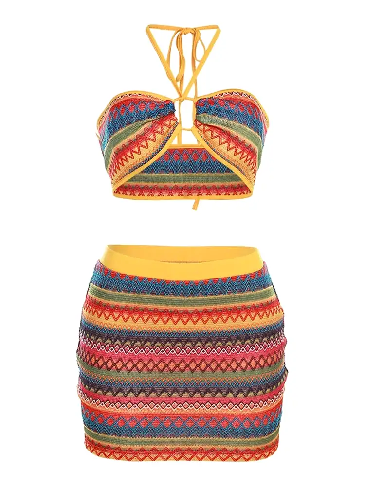 Sexy Halter Bandage Wrapped Swimwear Crop Top+Striped  Hip Skirts Colorful  Women Set