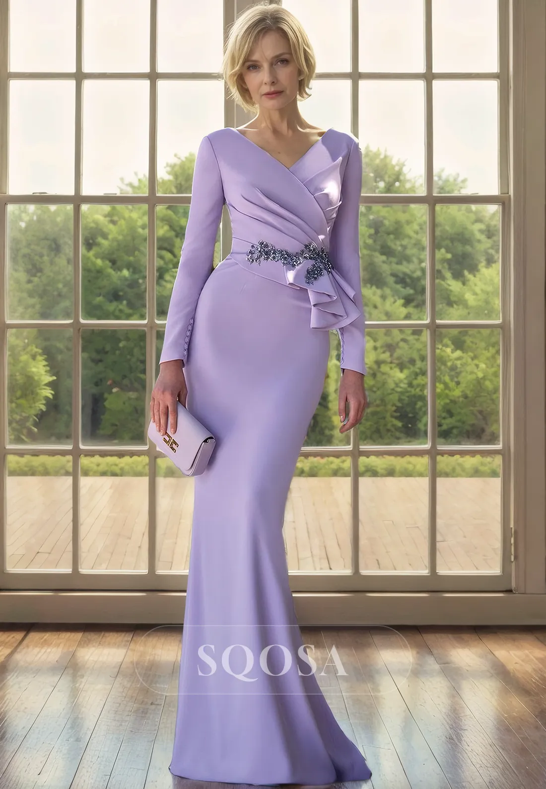 Sexy V neck Satin Pleats Elegant Mermaid Mother of the Bride Dress Long Sleeves Cokctail Dress