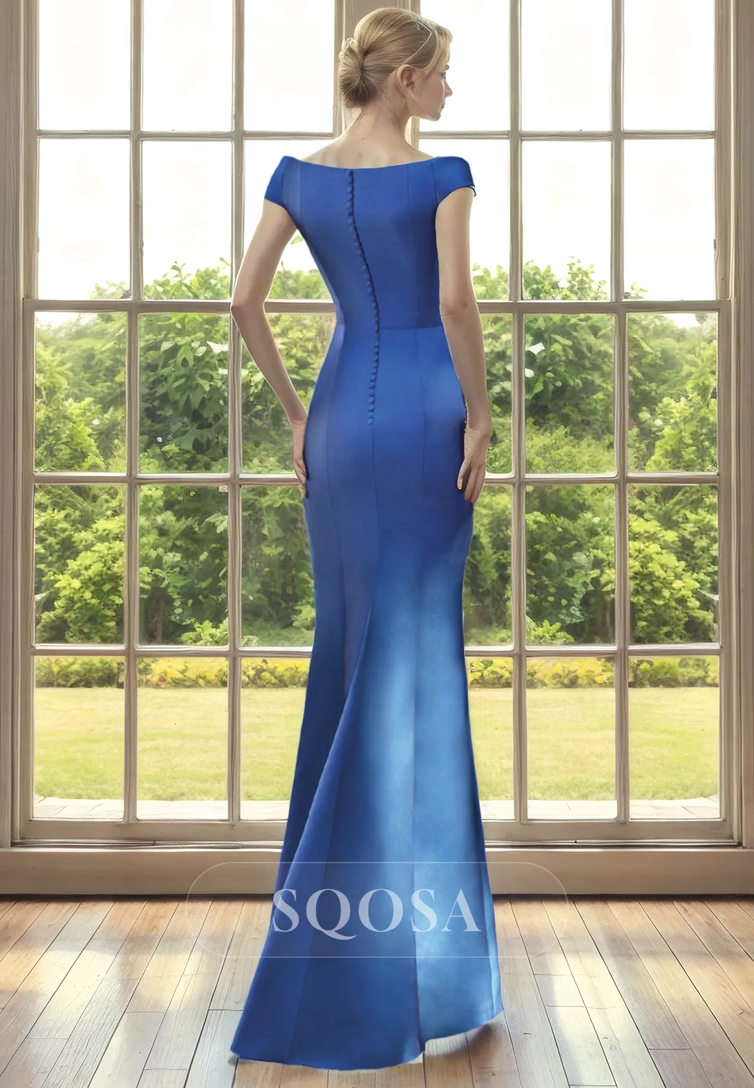 Sheath Off Shoulder Satin Pleats Long Mother of the Bride Dress for Wedding Blue Cocktail Dress