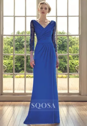 Sheath V Neck Pleats 3/4 Sleeves Mother of the Bride Dress for Wedding Blue Cockatil Dress