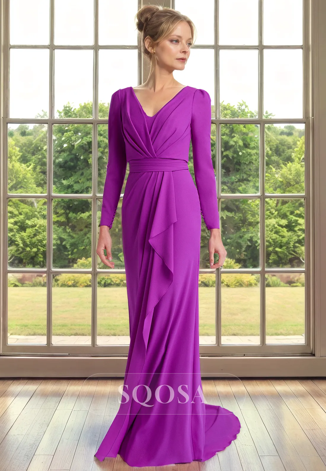 Sheath V Neck Pleats Long Sleeves Mother of the Bride Dress for Wedding Cocktail Dress