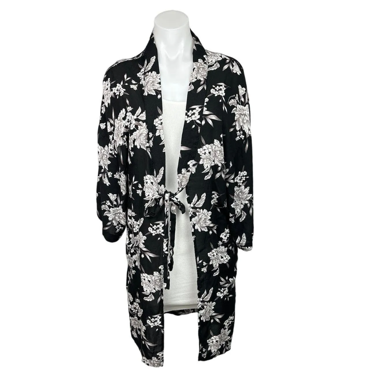 Spiritual Gangster Black Floral Tie Front Kimono Robe Swimwear Cover Up One Size