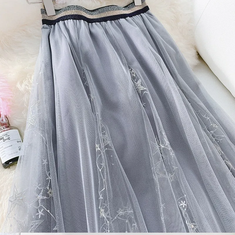 Spring Women Embroidered Sequins High Waist A-Line Mesh Skirts Sweet Streetwear