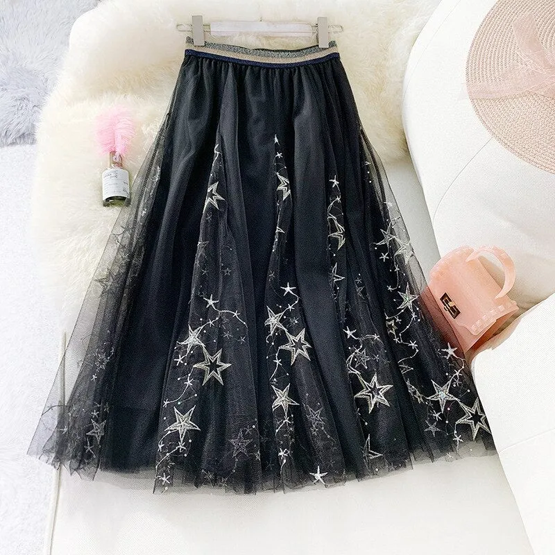 Spring Women Embroidered Sequins High Waist A-Line Mesh Skirts Sweet Streetwear