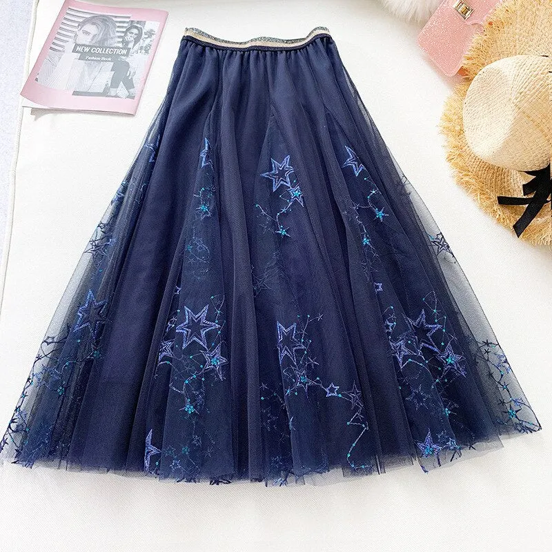 Spring Women Embroidered Sequins High Waist A-Line Mesh Skirts Sweet Streetwear