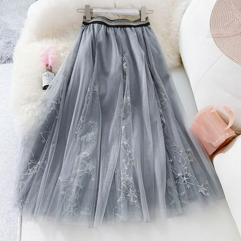 Spring Women Embroidered Sequins High Waist A-Line Mesh Skirts Sweet Streetwear