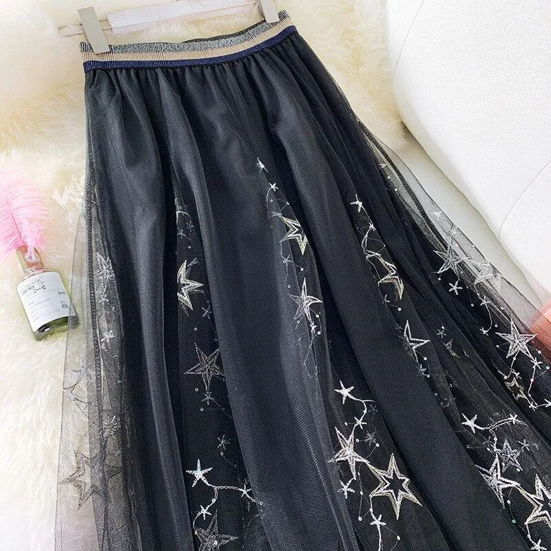 Spring Women Embroidered Sequins High Waist A-Line Mesh Skirts Sweet Streetwear