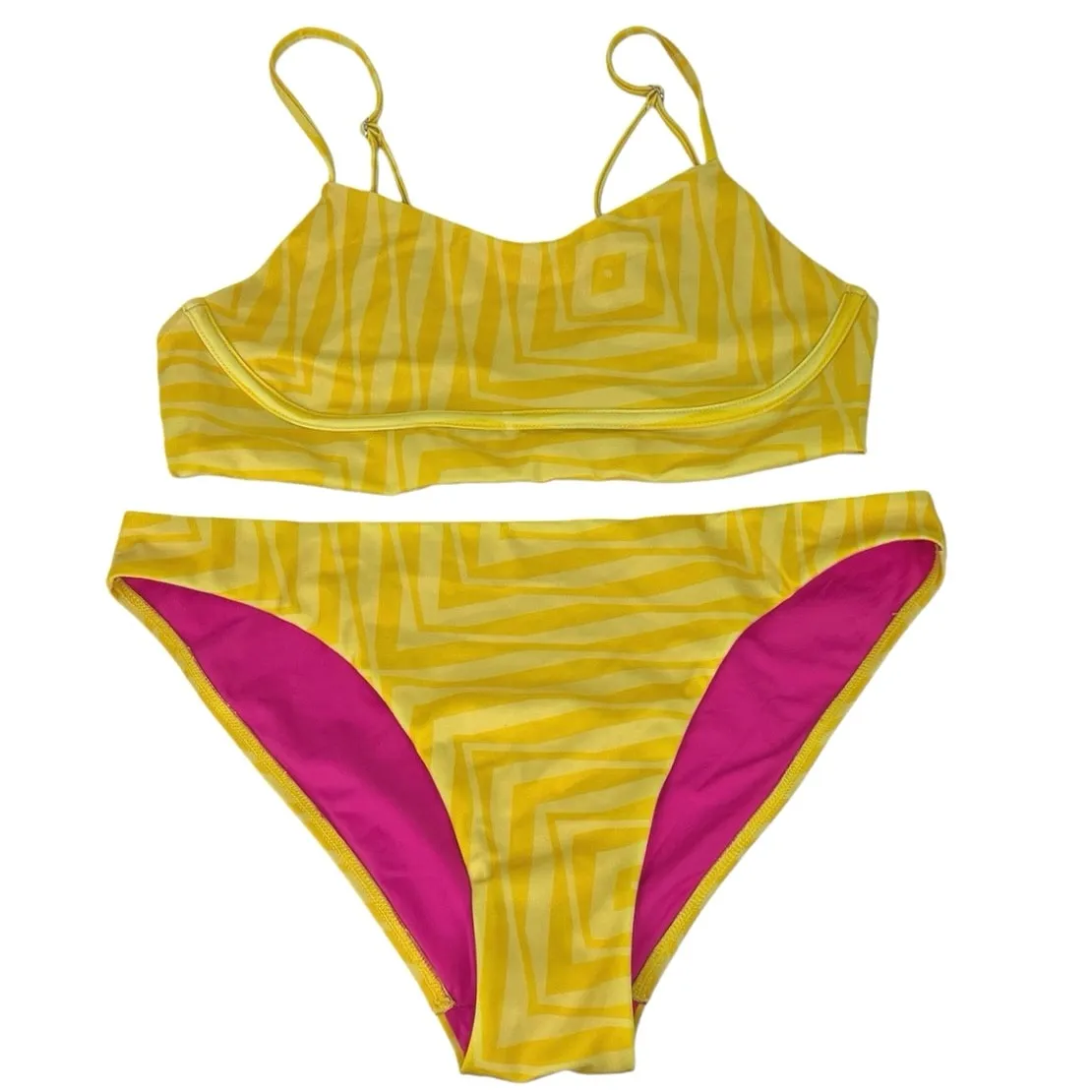 Terez Yellow Electric Geometric Print Pattern Fully Lined Swimwear Bikini Set S