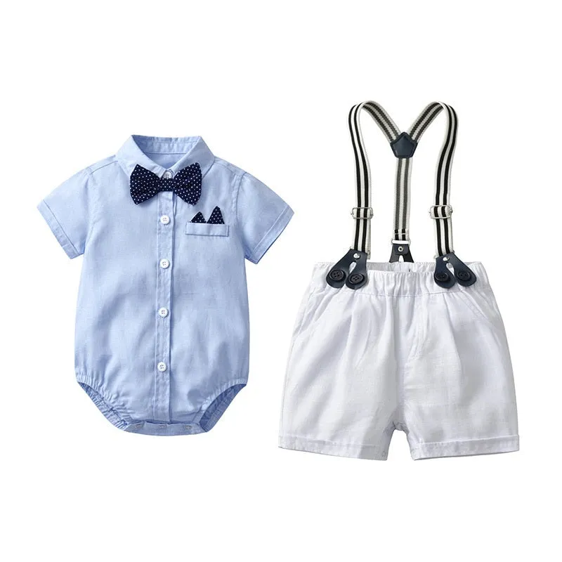 Traje para Niño y Bebe Newborn Baby Boy Gentleman Suit White Shirt with Bow Tie+Romper+Suspenders Shorts 3Pcs Formal Kids Clothe