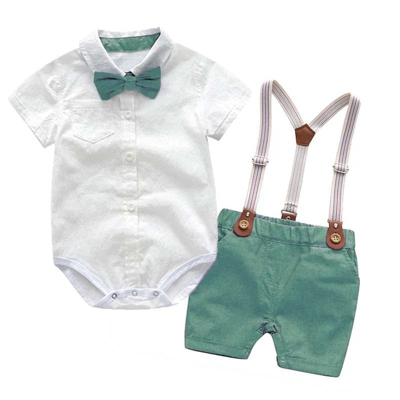 Traje para Niño y Bebe Newborn Baby Boy Gentleman Suit White Shirt with Bow Tie+Romper+Suspenders Shorts 3Pcs Formal Kids Clothe