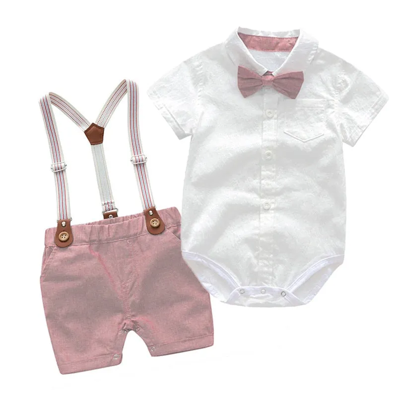 Traje para Niño y Bebe Newborn Baby Boy Gentleman Suit White Shirt with Bow Tie+Romper+Suspenders Shorts 3Pcs Formal Kids Clothe