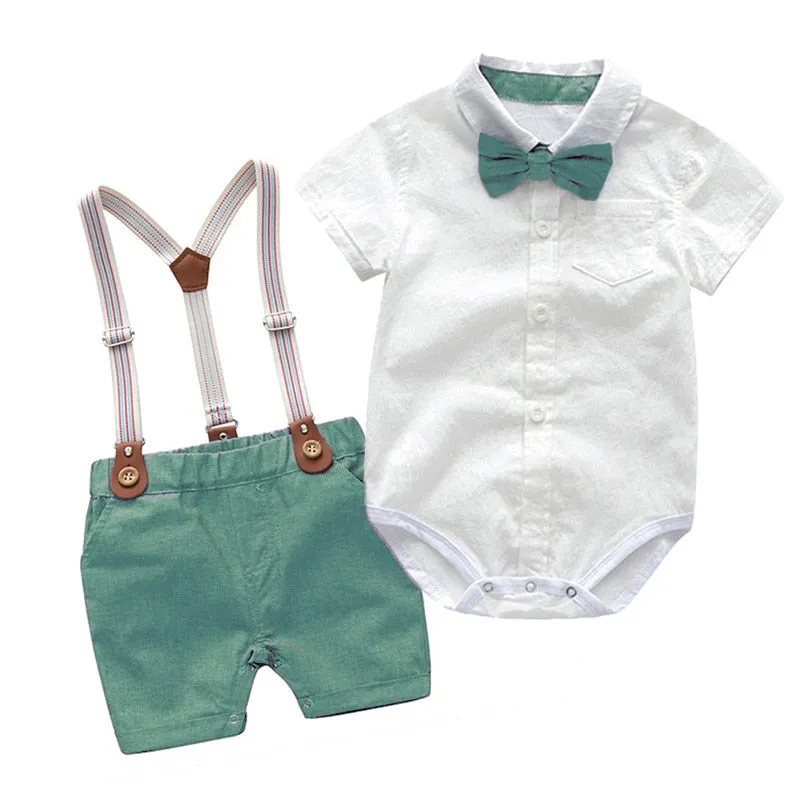 Traje para Niño y Bebe Newborn Baby Boy Gentleman Suit White Shirt with Bow Tie+Romper+Suspenders Shorts 3Pcs Formal Kids Clothe