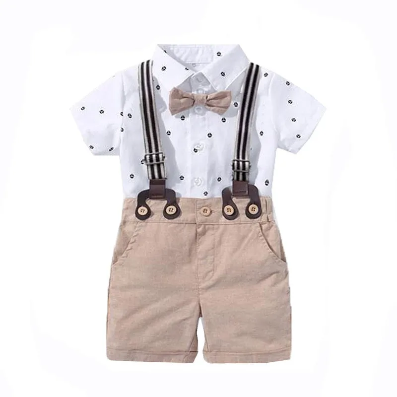 Traje para Niño y Bebe Newborn Baby Boy Gentleman Suit White Shirt with Bow Tie+Romper+Suspenders Shorts 3Pcs Formal Kids Clothe