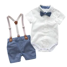 Traje para Niño y Bebe Newborn Baby Boy Gentleman Suit White Shirt with Bow Tie+Romper+Suspenders Shorts 3Pcs Formal Kids Clothe