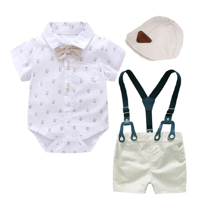 Traje para Niño y Bebe Newborn Baby Boy Gentleman Suit White Shirt with Bow Tie+Romper+Suspenders Shorts 3Pcs Formal Kids Clothe