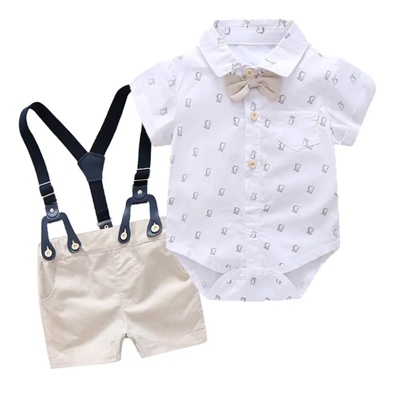 Traje para Niño y Bebe Newborn Baby Boy Gentleman Suit White Shirt with Bow Tie+Romper+Suspenders Shorts 3Pcs Formal Kids Clothe