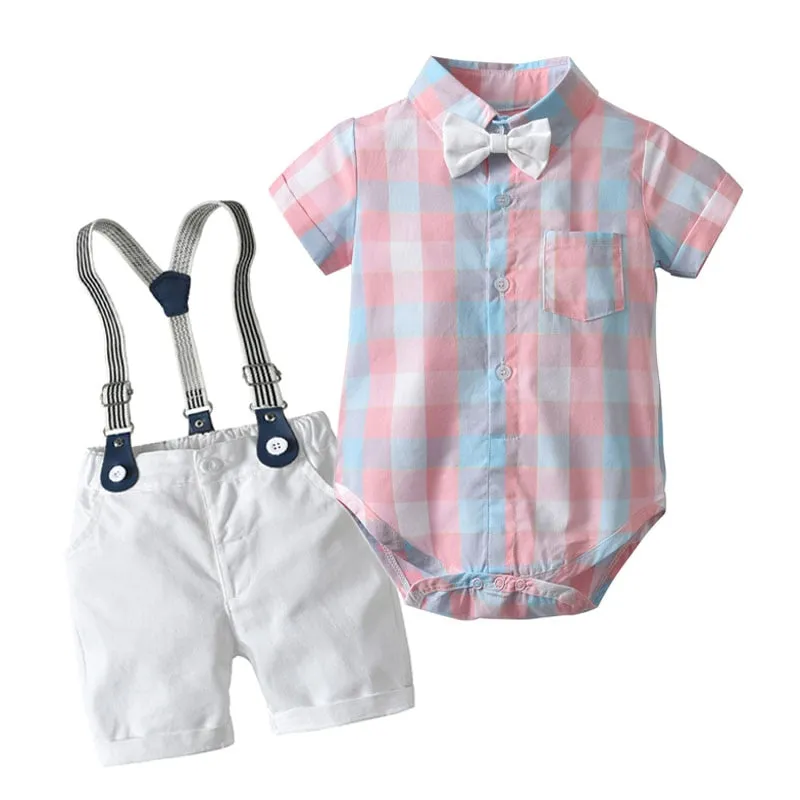 Traje para Niño y Bebe Newborn Baby Boy Gentleman Suit White Shirt with Bow Tie+Romper+Suspenders Shorts 3Pcs Formal Kids Clothe