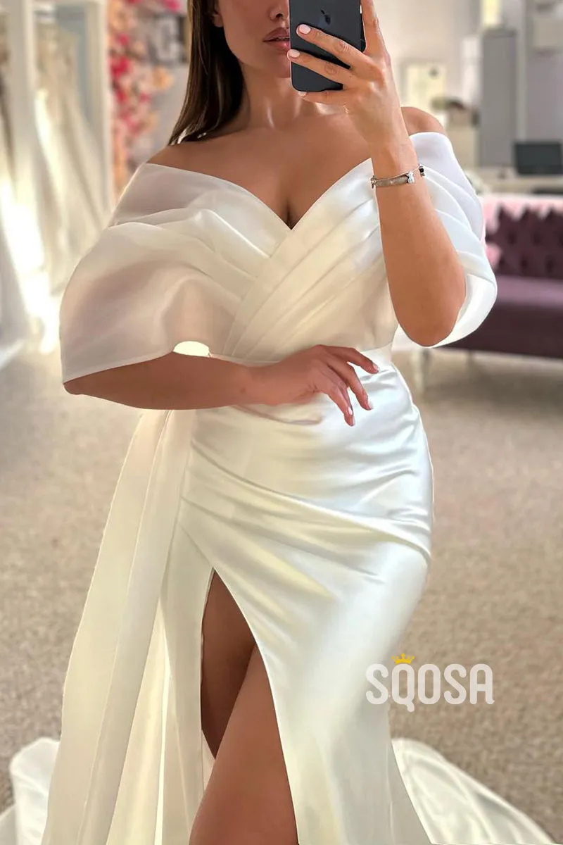 Trumpet Off-Shoulder Ruched With Side Slit Train Wedding Dress QW8150