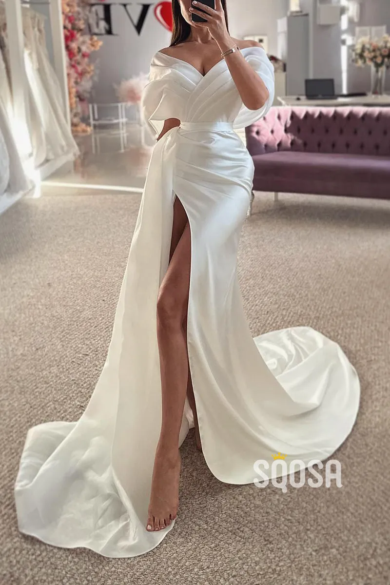 Trumpet Off-Shoulder Ruched With Side Slit Train Wedding Dress QW8150