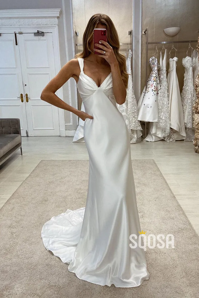 V-Neck Spaghetti Straps Sleeveless Open Back With Train Beach Wedding Dress QW8094