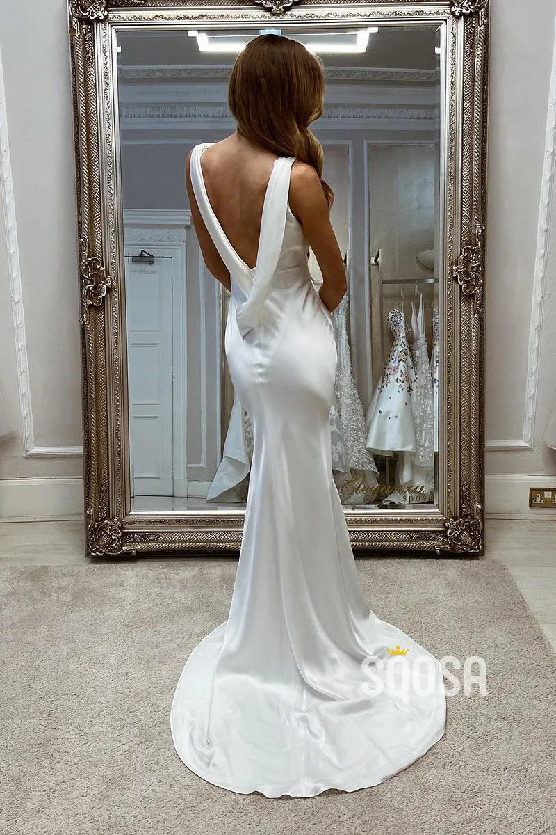 V-Neck Spaghetti Straps Sleeveless Open Back With Train Beach Wedding Dress QW8094