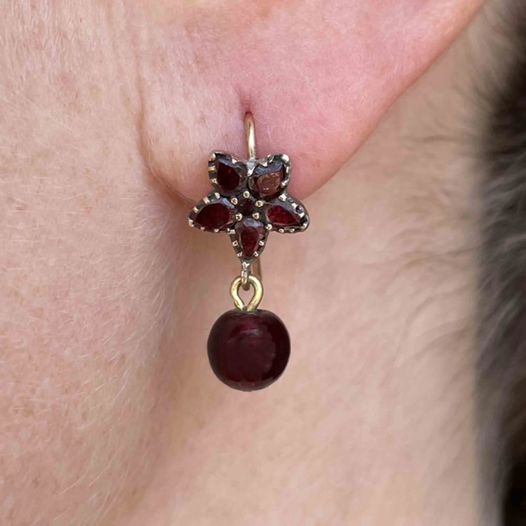 Victorian Rolled Gold Garnet Flower Drop Earrings