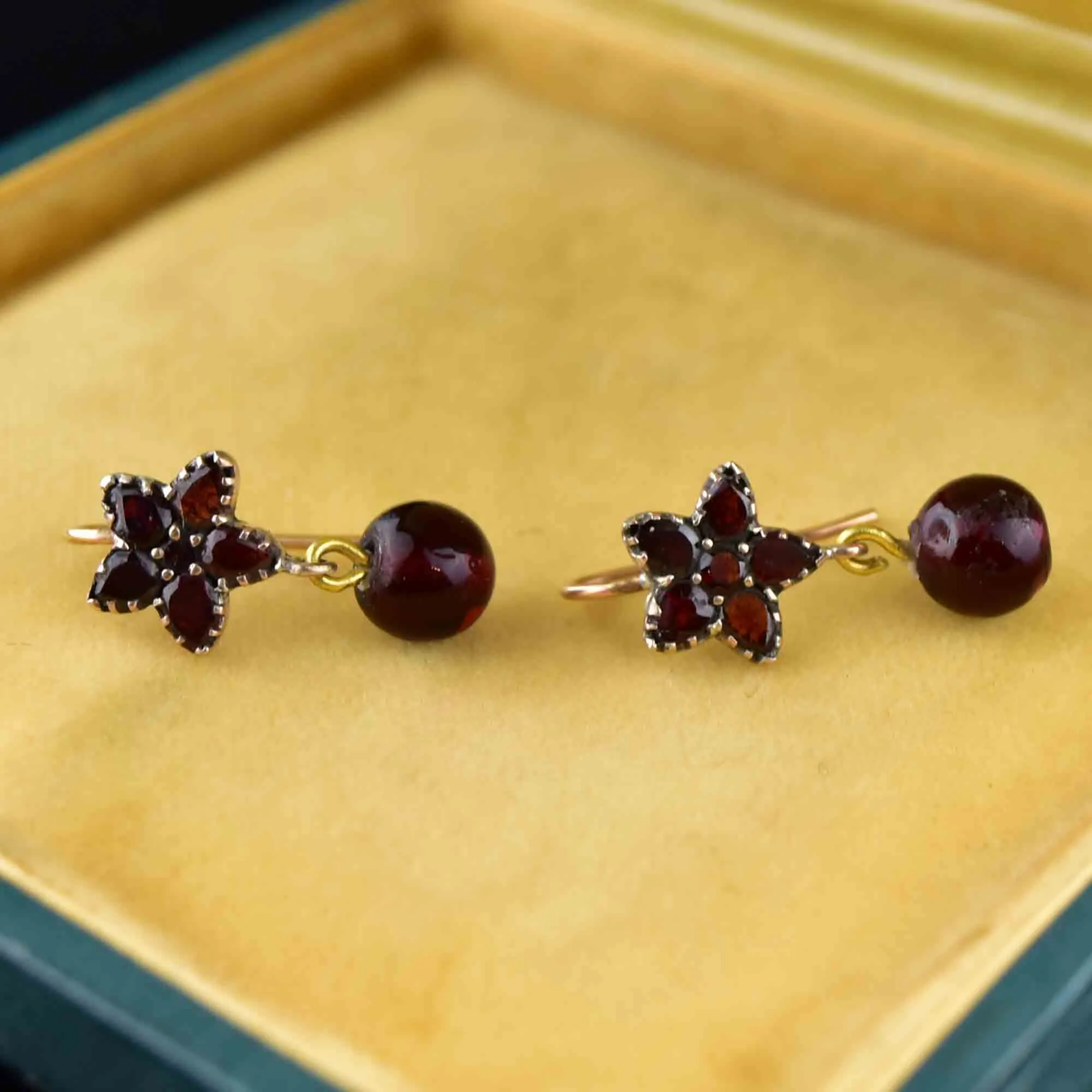 Victorian Rolled Gold Garnet Flower Drop Earrings